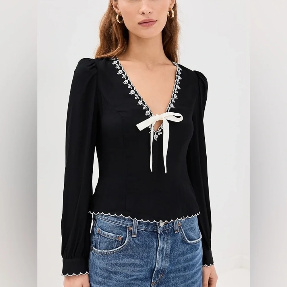 Reformation Black V-Neck Long Sleeve Blouse with White Ribbon & Embroidered Trim